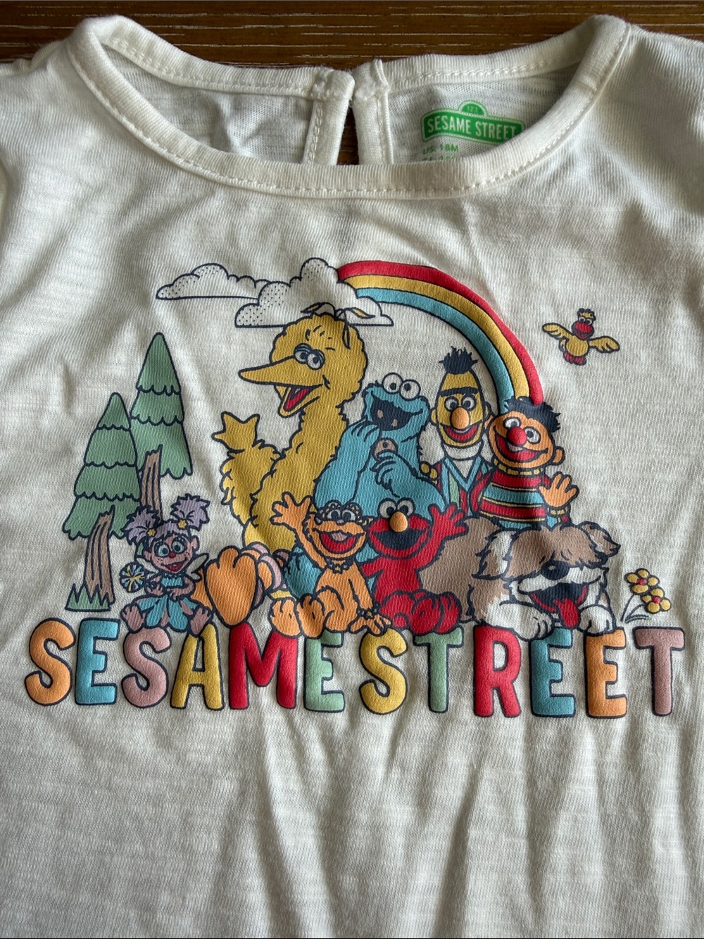 Sesame Street White Tee with Multicolor Character Print and Ruffle Sleeves - Picture 2 of 3